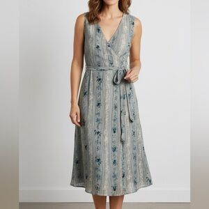 J. Jill Floral Striped Midi Wrap Dress – Blue & Taupe TENCEL Blend, Size 8